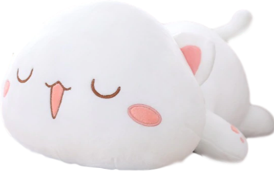 Kawaii lying cat plushie on dorm room bed