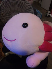 Soft kawaii giant axolotl plushie front view with embroidered kawaii face details