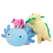 Side angle of giant axolotl plushie showing plush texture and stitching quality