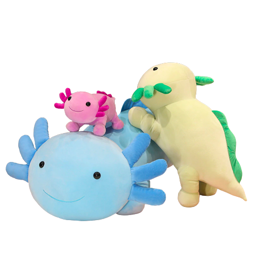 Side angle of giant axolotl plushie showing plush texture and stitching quality